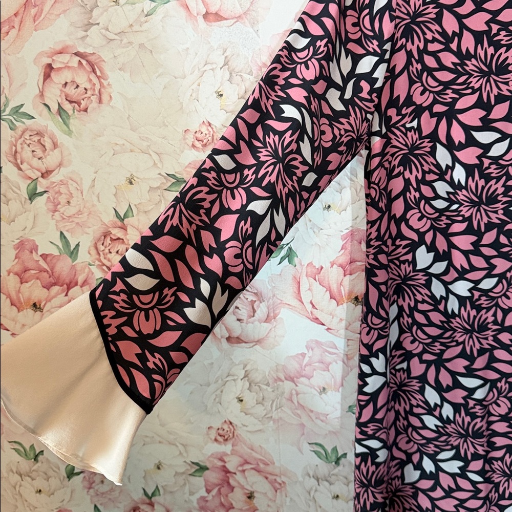 DOROTHEE SCHUMACHER Pink Black White Floral SILK Shift Dress size 2 - Picture 2 of 9